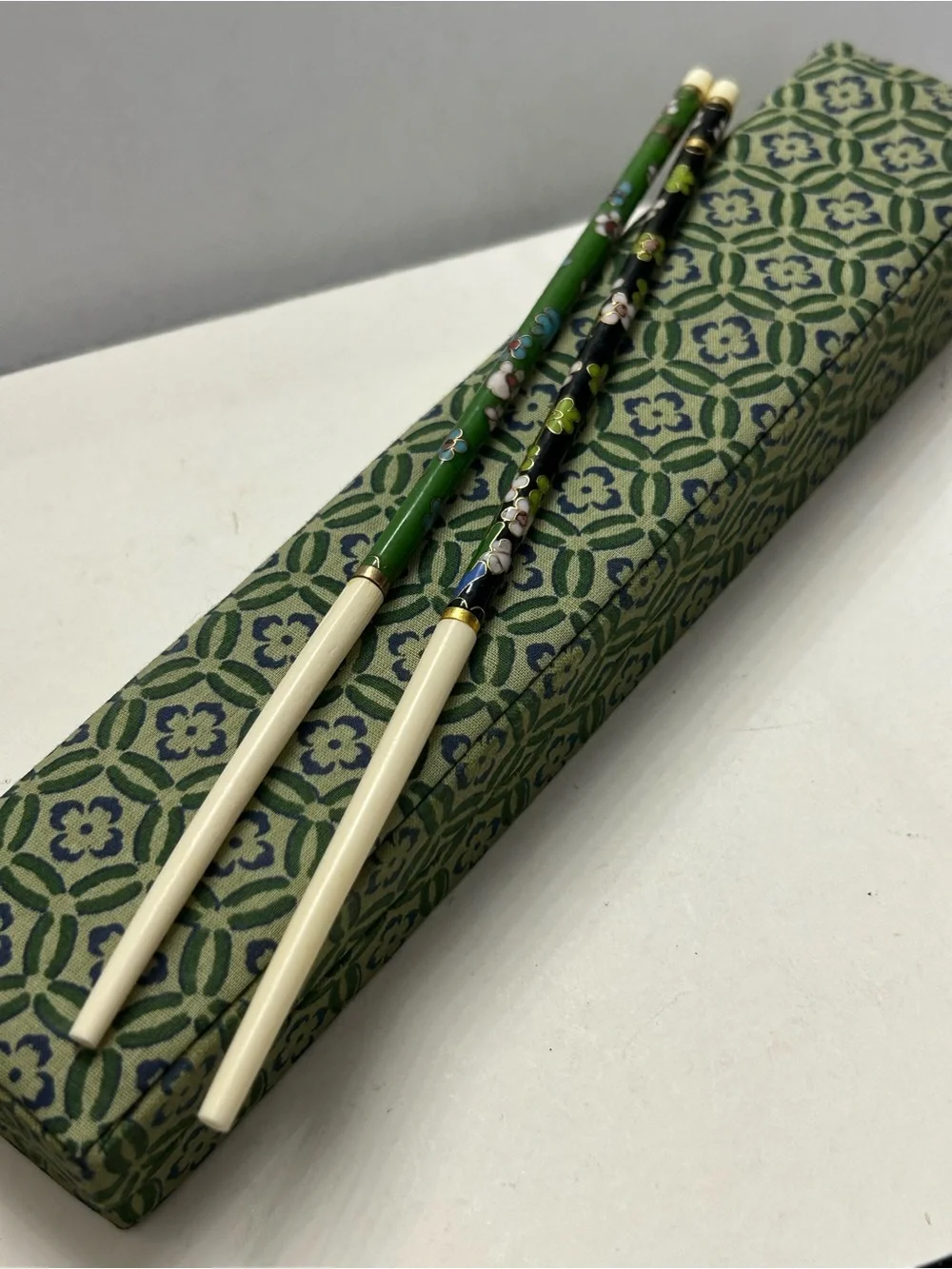 Vintage Chopstick Set Cloisonné Floral with Original Box 2 Sticks
